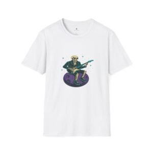 T-shirt Unisexe – Squelette Guitariste Cosmique Design Rock Vintage et Lune