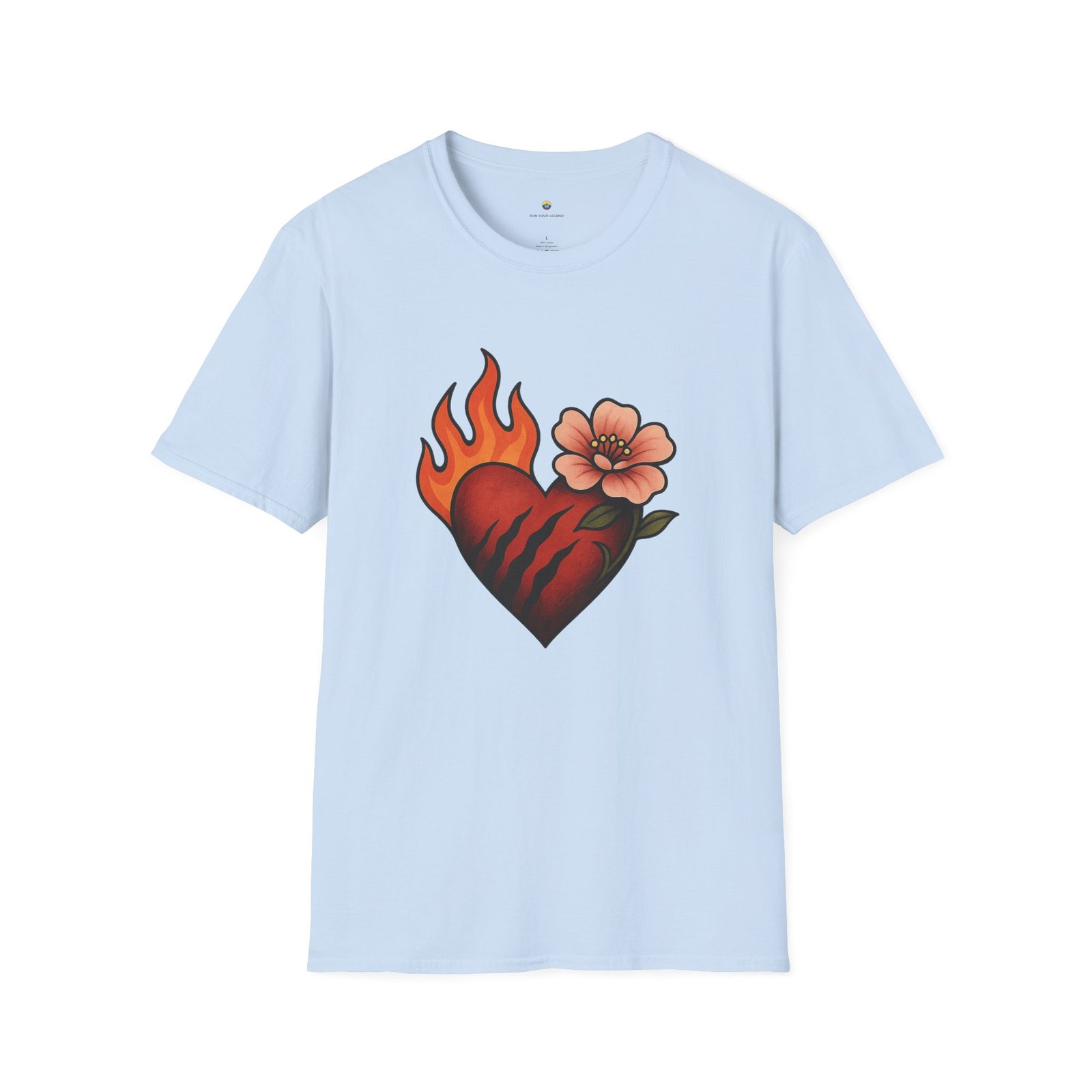 T-shirt Unisexe Cœur Enflammé et Fleur – Tattoo Style Old School, Design Passion et Romantisme – Image 12