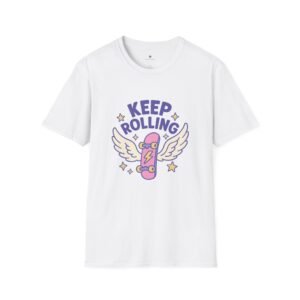 T-shirt Unisexe – “Keep Rolling” Skateboard Ailé Pastel et Design Cute Motivant