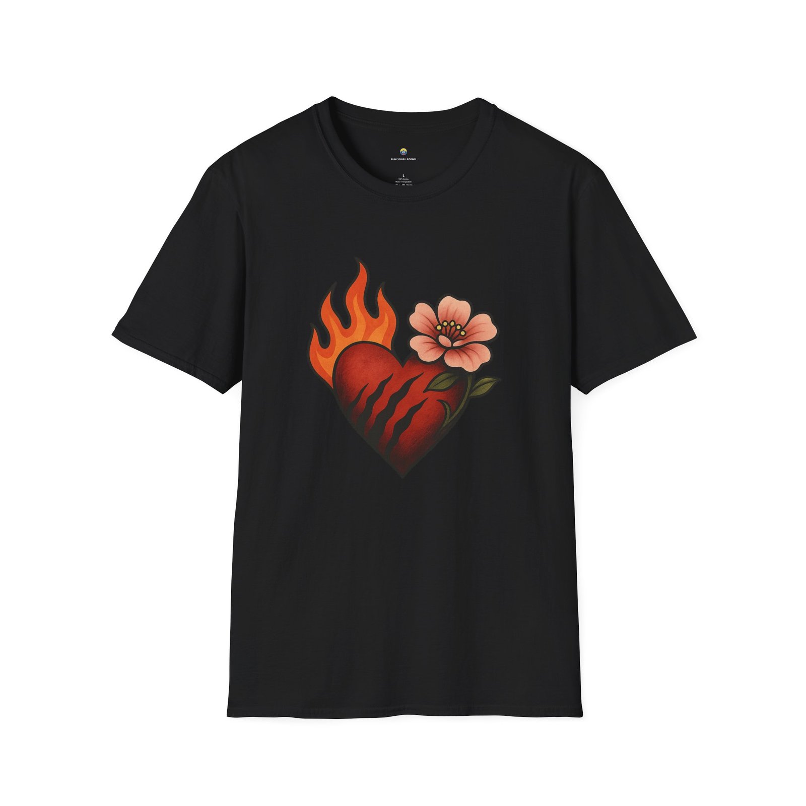 T-shirt Unisexe Cœur Enflammé et Fleur – Tattoo Style Old School, Design Passion et Romantisme – Image 2