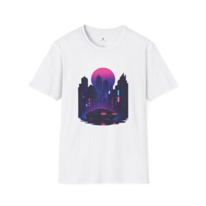 T-shirt Unisexe Cyberpunk Night Drive – Voiture Rétro dans Ville Futuriste Néon