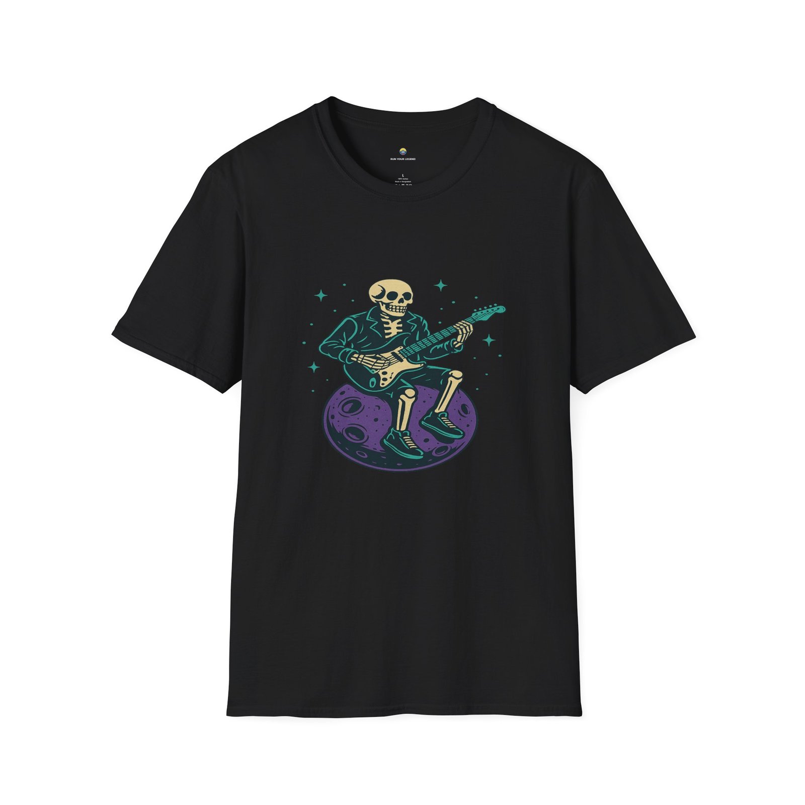 T-shirt Unisexe – Squelette Guitariste Cosmique Design Rock Vintage et Lune – Image 2