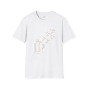 T-shirt Unisexe – Oiseaux Libres et Cage Ouverte Design Minimaliste Doré et Symbole de Liberté