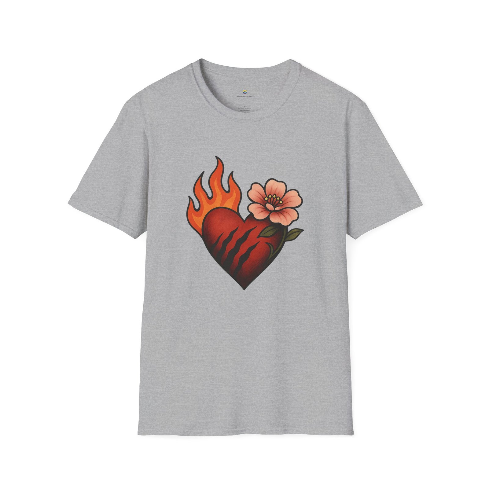 T-shirt Unisexe Cœur Enflammé et Fleur – Tattoo Style Old School, Design Passion et Romantisme – Image 4