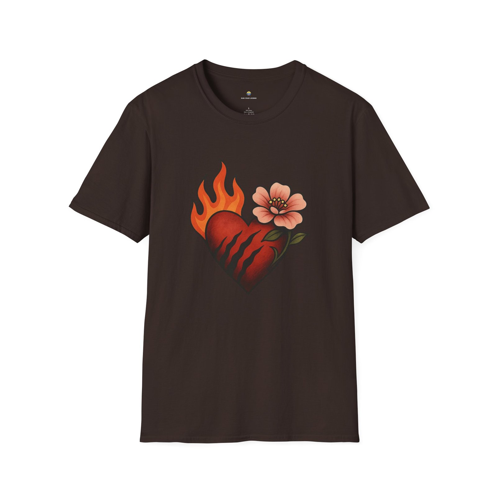 T-shirt Unisexe Cœur Enflammé et Fleur – Tattoo Style Old School, Design Passion et Romantisme – Image 5