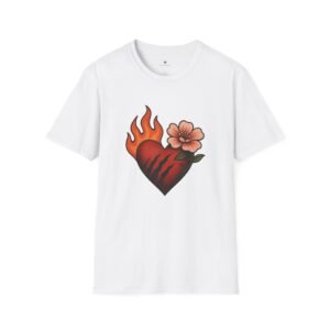 T-shirt Unisexe Cœur Enflammé et Fleur – Tattoo Style Old School, Design Passion et Romantisme